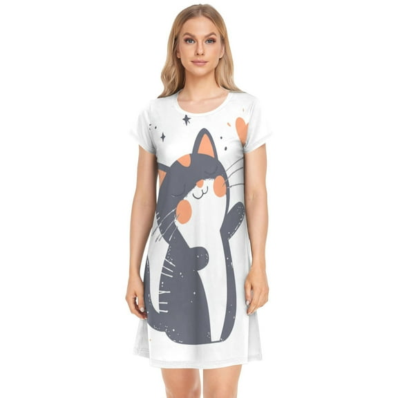 Women's Sleepshirts Cute Cat with Eyes Closed Nightgowns Sleep for Women Soft House Dresses Night Gown for Ladies
