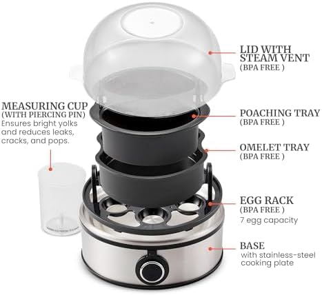 EGC855SS Easy Egg Cooker, 7-Egg Capacity, Soft, Medium, Hard-Boiled, Omelets, Poached Eggs, Plays Melody when Done, Auto Shut-Off, Measuring Cup, Stainless Steel