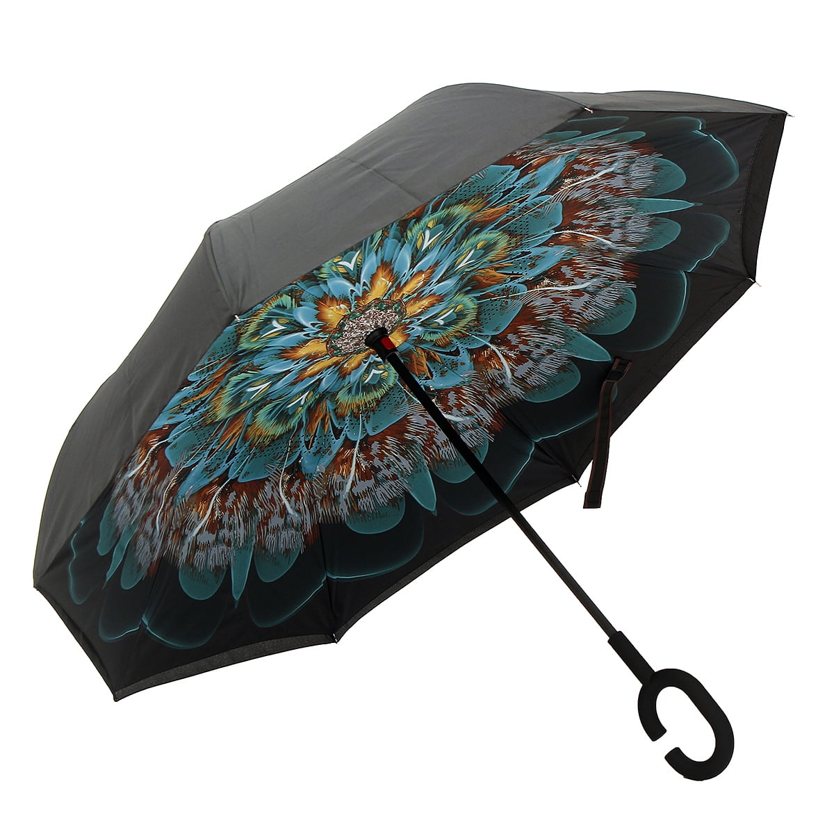 Upside Down Umbrellas C-Shaped Handle Women Men Peafowl Blue Peafowl Peacock Reverse Inverted Windproof Umbrella Double Layer Inside Out Folding Umbrella