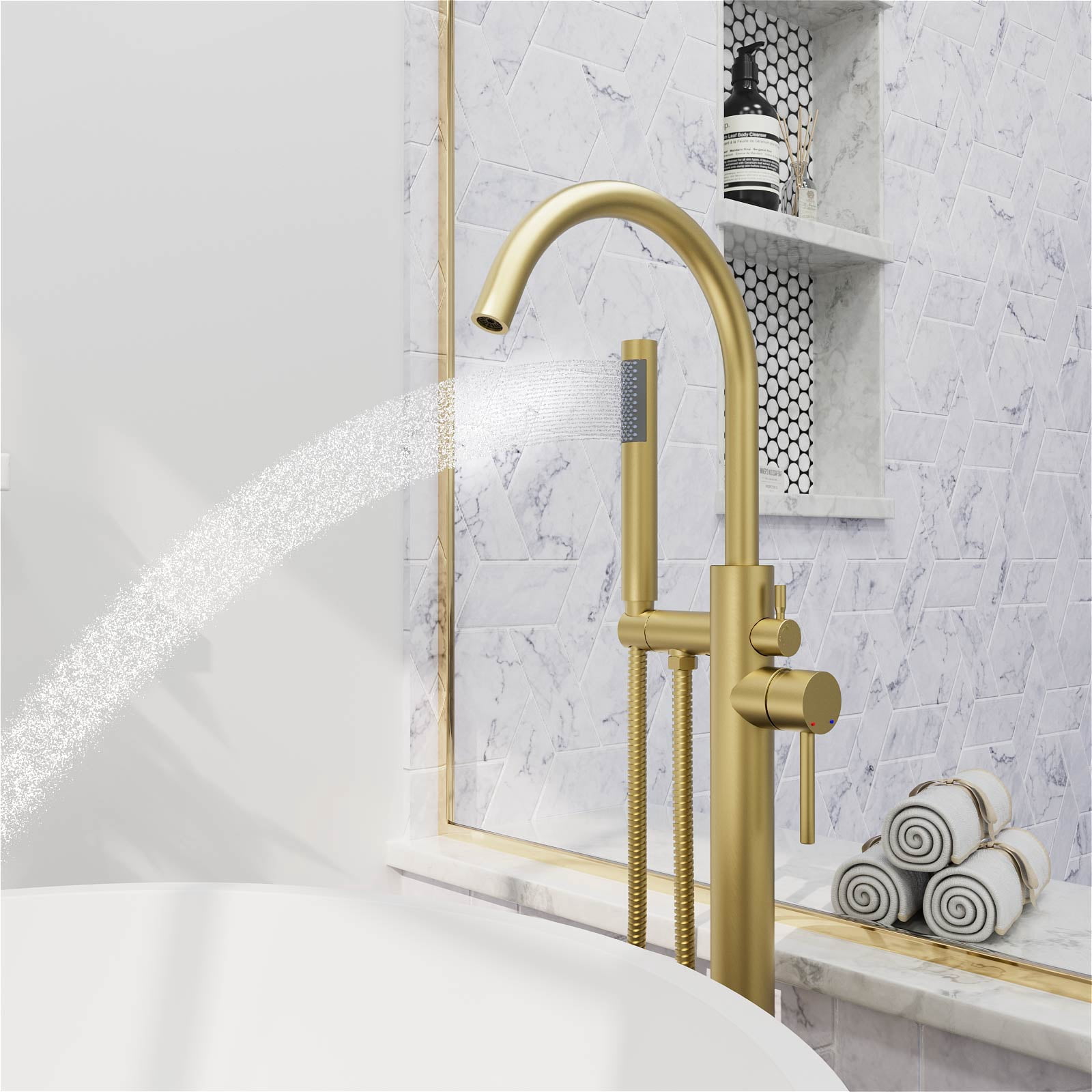 GT Freestanding Tub Faucet, High Flow Independent Free Standing Bathtub Faucet with Handheld Shower & Gooseneck Spout, 360°Swivel Tub Filler, Brass Body, Brushed Gold