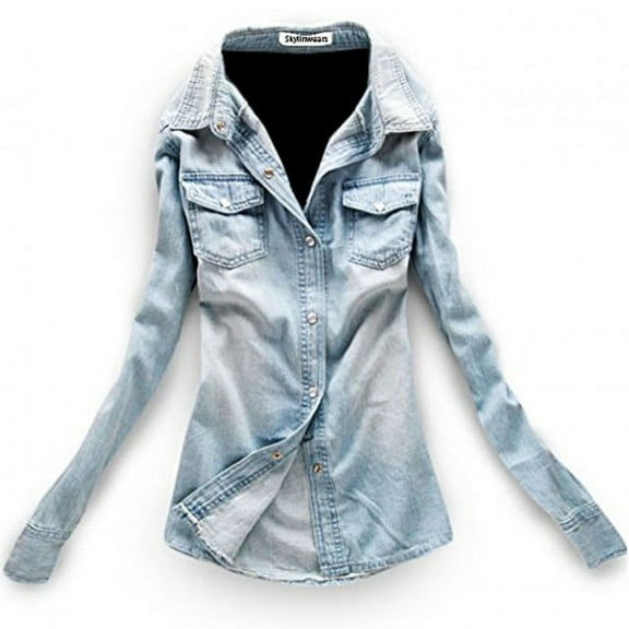 Women's Slim Fit Double Pocket Long Sleeve Button Down Denim Jean Shirt