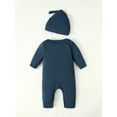 thumbnail image 4 of Newborn Baby Boys Clothes Baby Boys One-piece Romper Bodysuit Newborn Boys Long Sleeve Round Neckline Solid Color Romper Hat 2PCS Set Blue 1-3 Months, 4 of 8