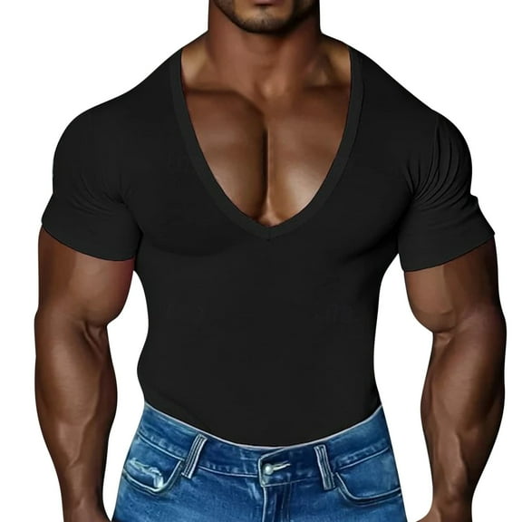 Men's V Neck T Shirt, Athletic Performance Short Sleeve Top, Breathable Polyester Spandex Blend for Casual Wear and Light Exercise