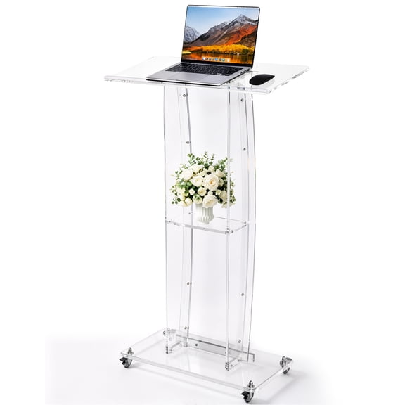 VEVOR Podium Stand 47 inch Acrylic Lectern Mobile Laptop Desk Storage Shelf, for Schools, Churches and Events, Clear Portable Presentation Lectern Stand with Storage Shelf, Book Stop,Spacious Surface