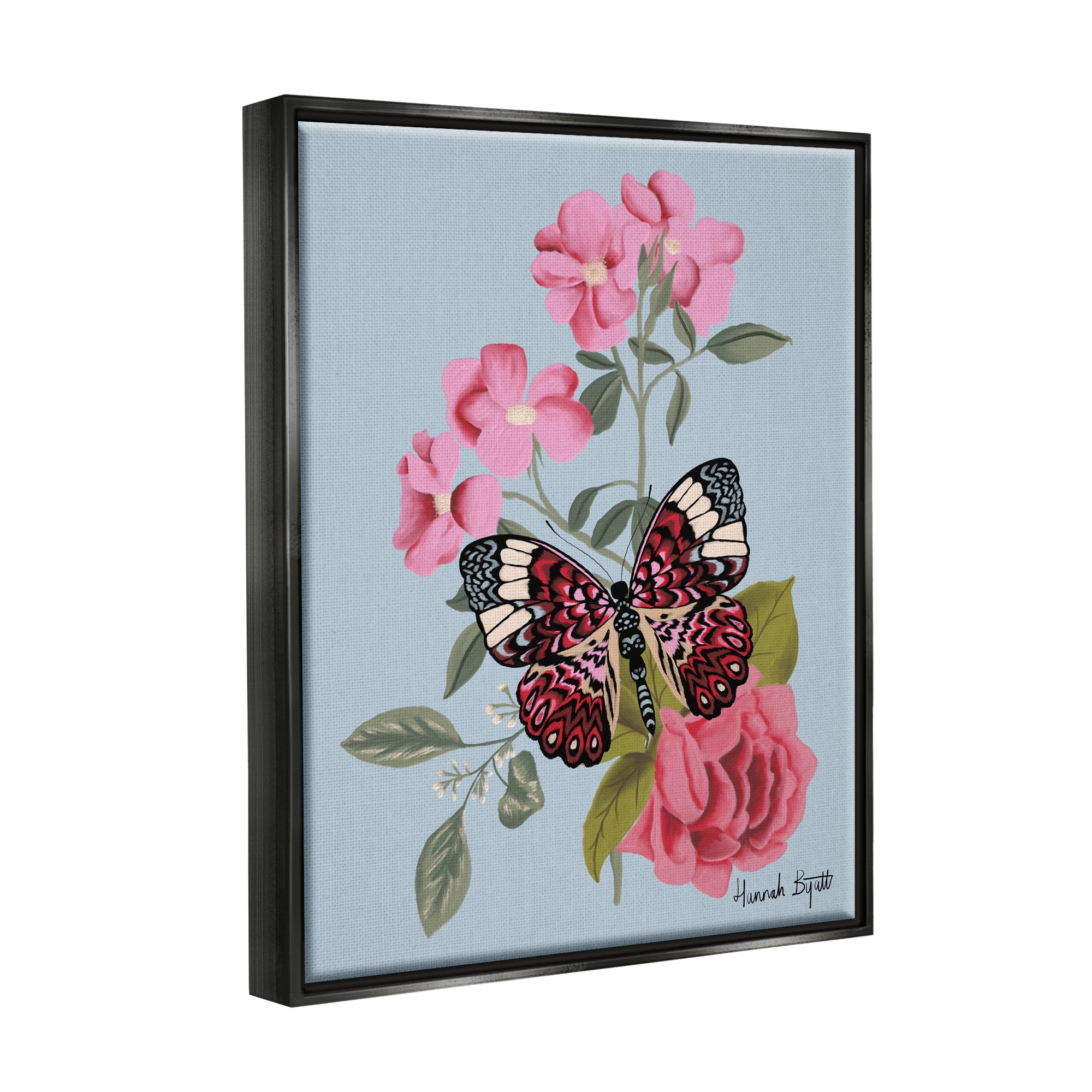 Stupell Industries Pink Floral Butterfly Animals & Insects Painting Black Floater Framed Art Print Wall Art, 25 x 31