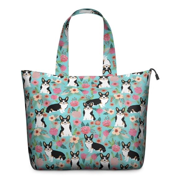 Corgi Dog and Flowers Travel Tote Bags for Women Carry On,Large Weekender Bags for Women Travel,Multi Functional Duffle Bag for Work,Shopping,Sports