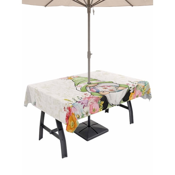 Outdoor Tablecloth with Umbrella Hole and Zipper, Gnomes Easter Rectangle Table Cloth 60x102 Inch Waterproof Tablecloth, Eucalyptus Spring Floral Eggs Rustic Vintage Picnic Table Cover for Patio