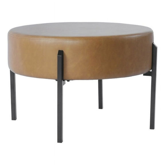 HomePop Modern Round Ottoman with Metal Frame, Carmel Faux Leather/Black