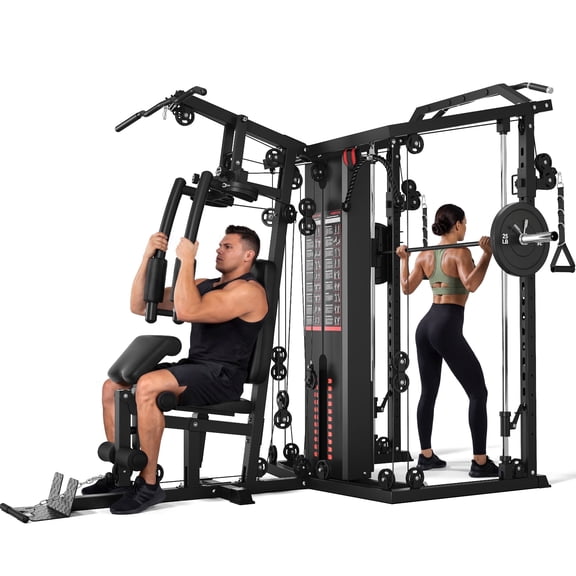 Dual-Station Smith Machine Home Gym, 140LB Weight Stack with LAT Pull-Down & Leg Press, All-in-One Workout Station for Couples & Family Strength Training