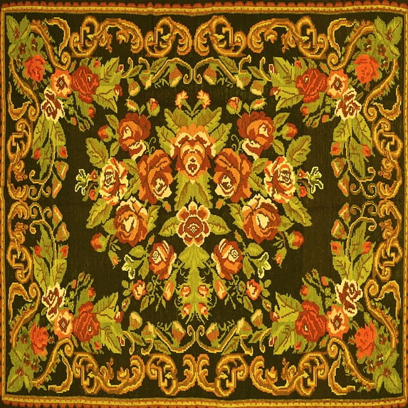 Ahgly Company Machine Washable Indoor Square Medallion Yellow French Area Rugs, 8' Square