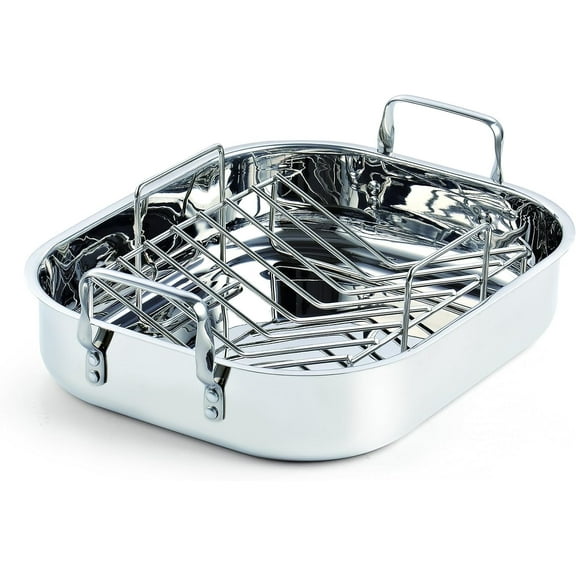 Cooks Standard Stainless Steel Roaster Pan with V-Shaped Rack, 17-Inch by 14-Inch Turkey Roasting Pan Bakeware for Oven, Rectangular