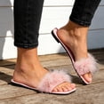 thumbnail image 2 of Bibifish Womens Fuzzy Slippers Open Toe Slide Feather Ornament Low Heel Flat Fuzzy Slip On Indoor Outdoor Winter Slippers, 2 of 4