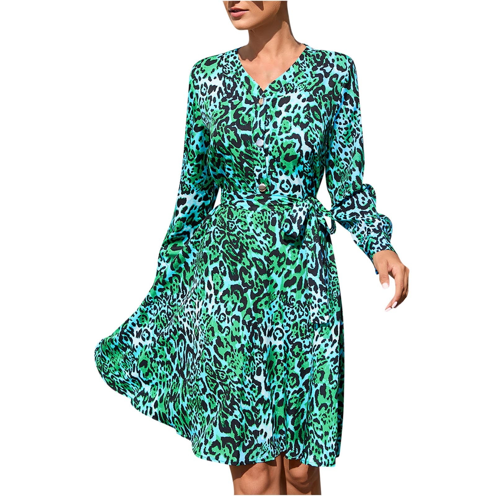 wycnly Summer Dresses for Women Tie Waist Ruffle Swing A-line Vintage Midi  Dresses Long Sleeve V-Neck Leopard Print Knee-Length Sun Dress Green XL -  Walmart.com
