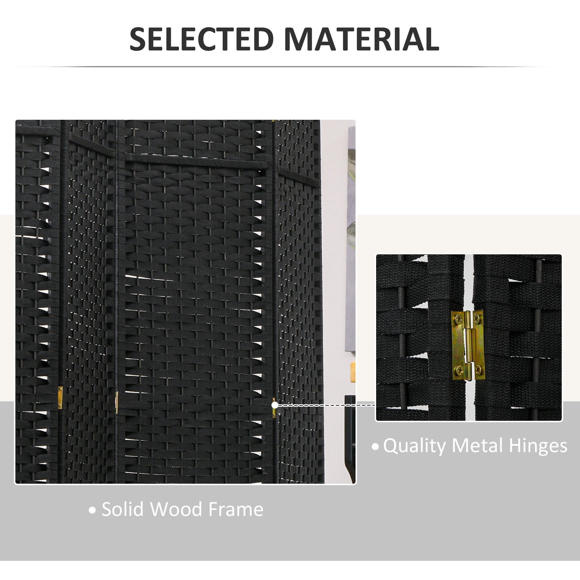 8 Panel Folding Room Divider 66.9" (5.6') Tall - Hand-Woven Privacy Screen Freestanding Wood Partition for Home Office Bedroom, Black