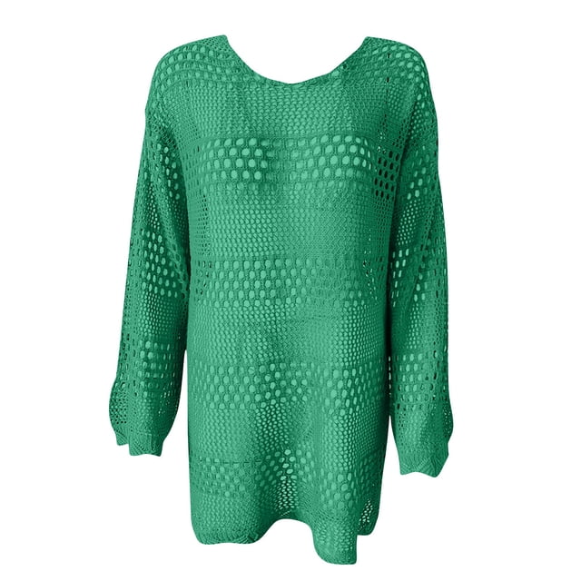 cfhntfmh Robes de Plage pour Femmes Été Mode Ajourée Couvre-Maillot U.S Douce à Manches Longues Col Ras du Cou Robe Mini Tricotée