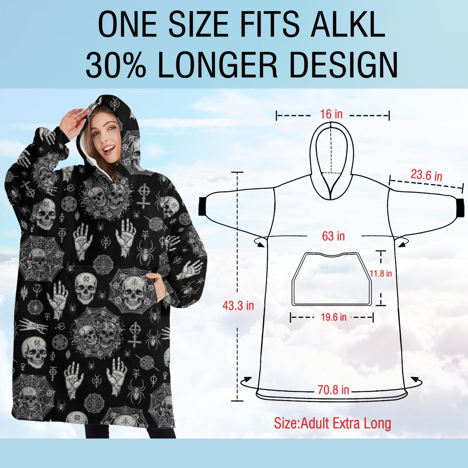 Oversized Wearable Blanket Hoodie,Black Occult Symbol Pattern Sherpa Blanket Hoodie with Super Pockets,Super Warm Fuzzy Pullover for Women & Men