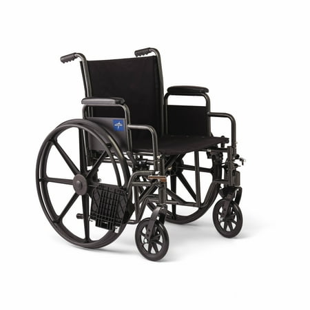 Medline Steel Wheelchair with Elevated Legrests  Flip-Back Desk-Length Arms  18-Inch Wide Seat  Weight Capacity 300 Ibs  Black