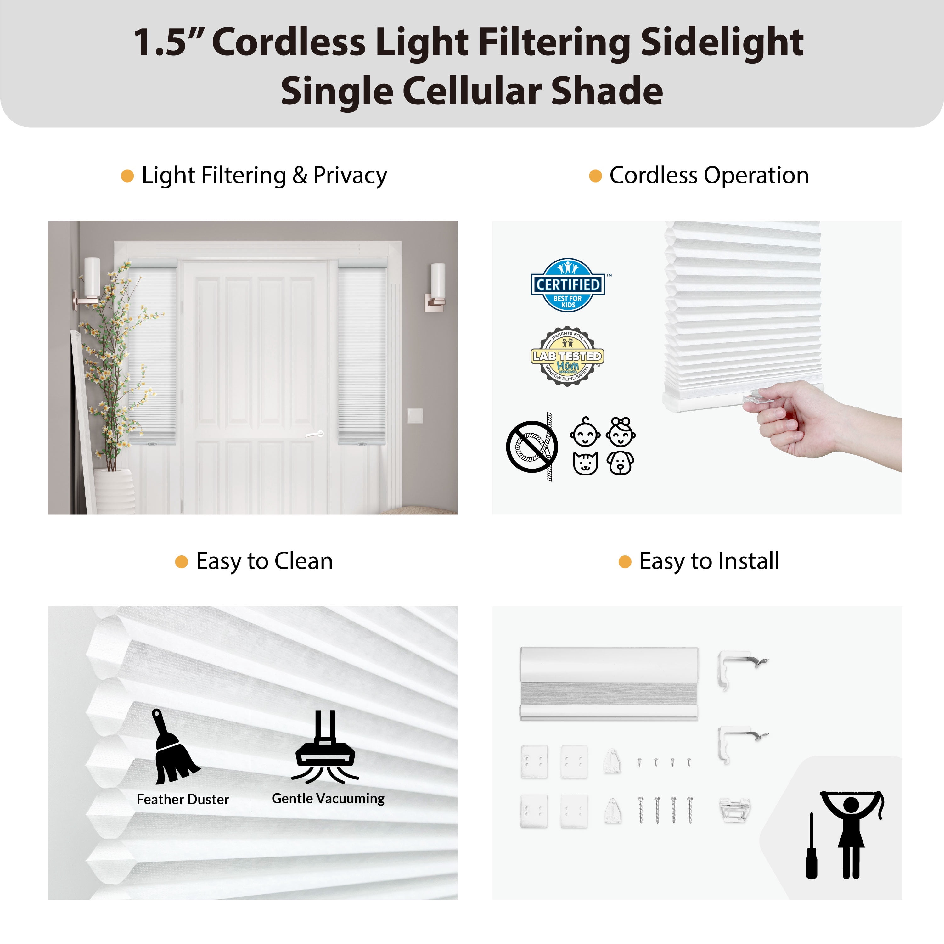 Regal Living Cordless 1.5" Light Filtering Cellular Sidelight Shade, White - 10.75 in. W x 72 in. L