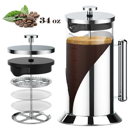 34 oz French Press Coffee Maker, 4 Level Filtration System Milk Frother,  Stainless Steel Bracket Coffee Press Heat Resistant Glass Carafe with Scale, Dishwasher Safe, 100% BPA