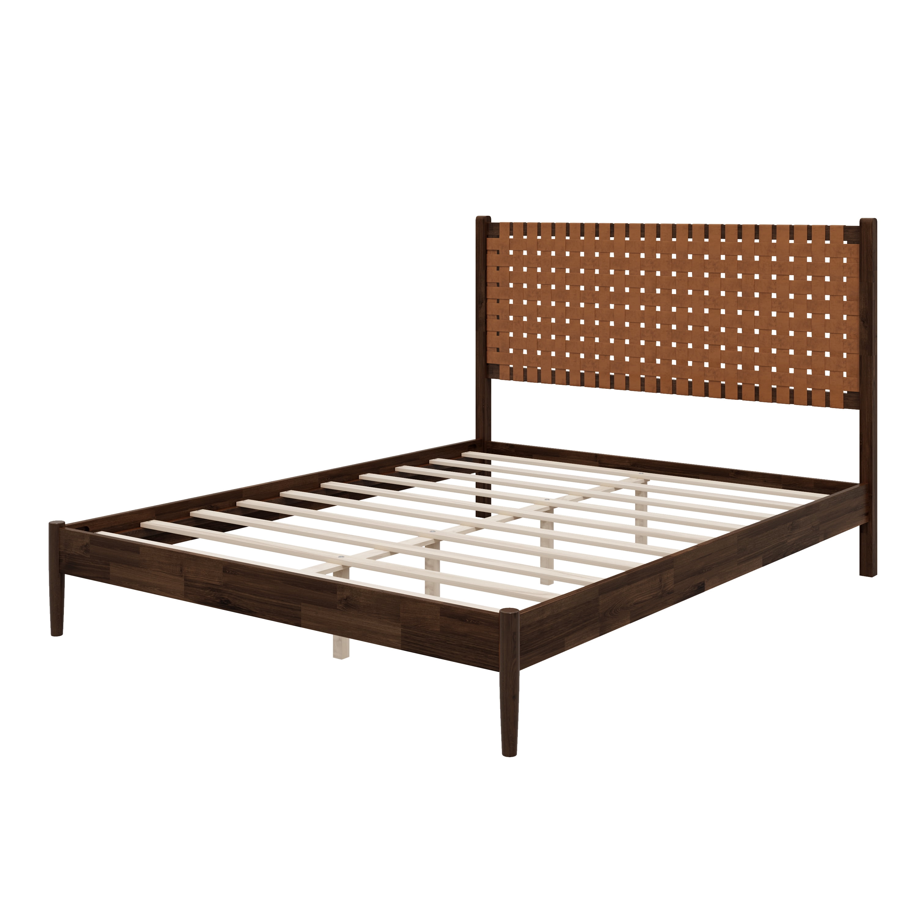 Euroco Solid Acacia Wood Queen Size Platform Bed, Mid-Century Modern Style Bed with Hand-Woven Vegan Leather Headboard, No Box Spring Needed, Dark Brown