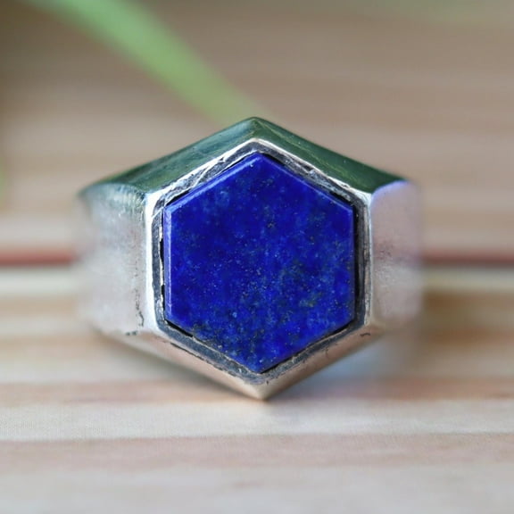Lapis Lazuli Ring, Hexagon Ring, Blue Stone Ring, Bold Statement Ring, Men's Signet Ring, Geometric Ring, Boho Ring, Unisex Ring, Gift Item
