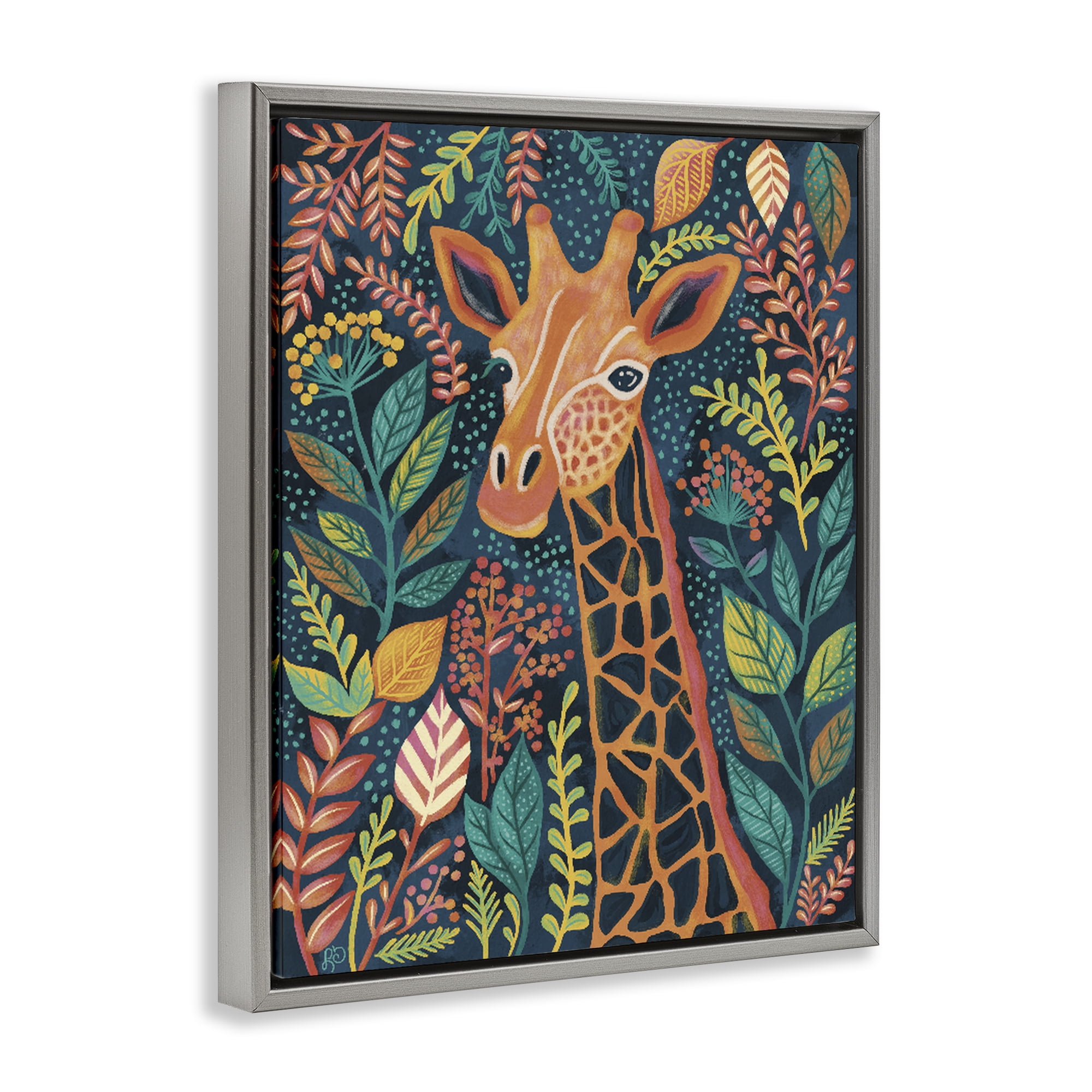 Stupell Industries Exotic Leaf Pattern Giraffe Gray Framed Floater Canvas Wall Art, design by Lisa R Dumm