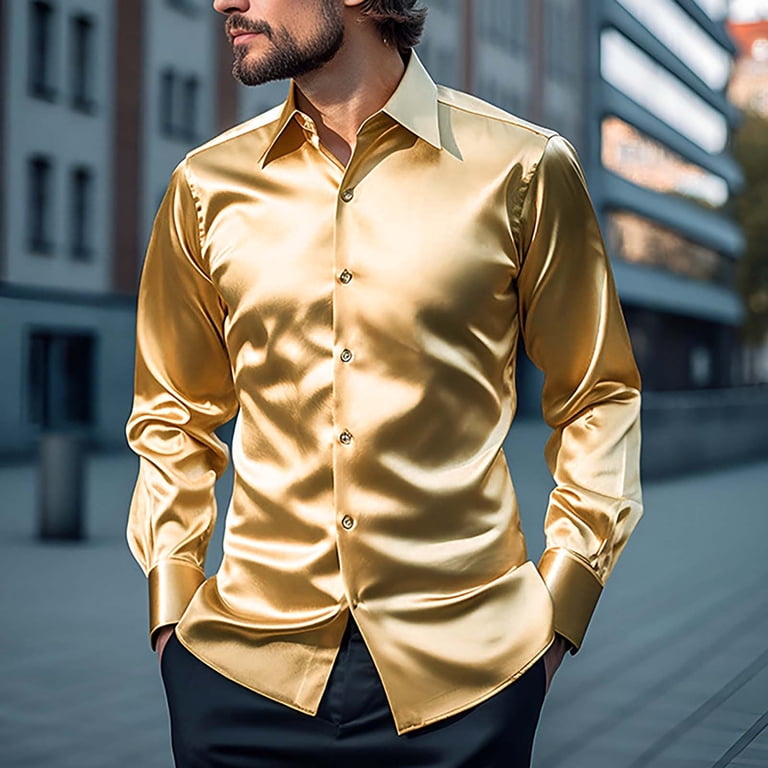Migroa Mens Satin Dress Shirt Solid Long Sleeve Button Down Shirts Formal Casual Business Prom Party Wedding Yellow M, Men's, Size: Medium
