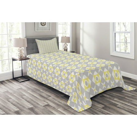 Grey And Yellow Bedspread Set Tile Inspired Squares Rounds In