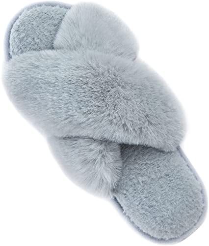 ZIZOR Women's Fuzzy Crossed Memory Foam Open Toe Slippers Ladies Fluffy Rhinestone Embellished Slip on House Shoes