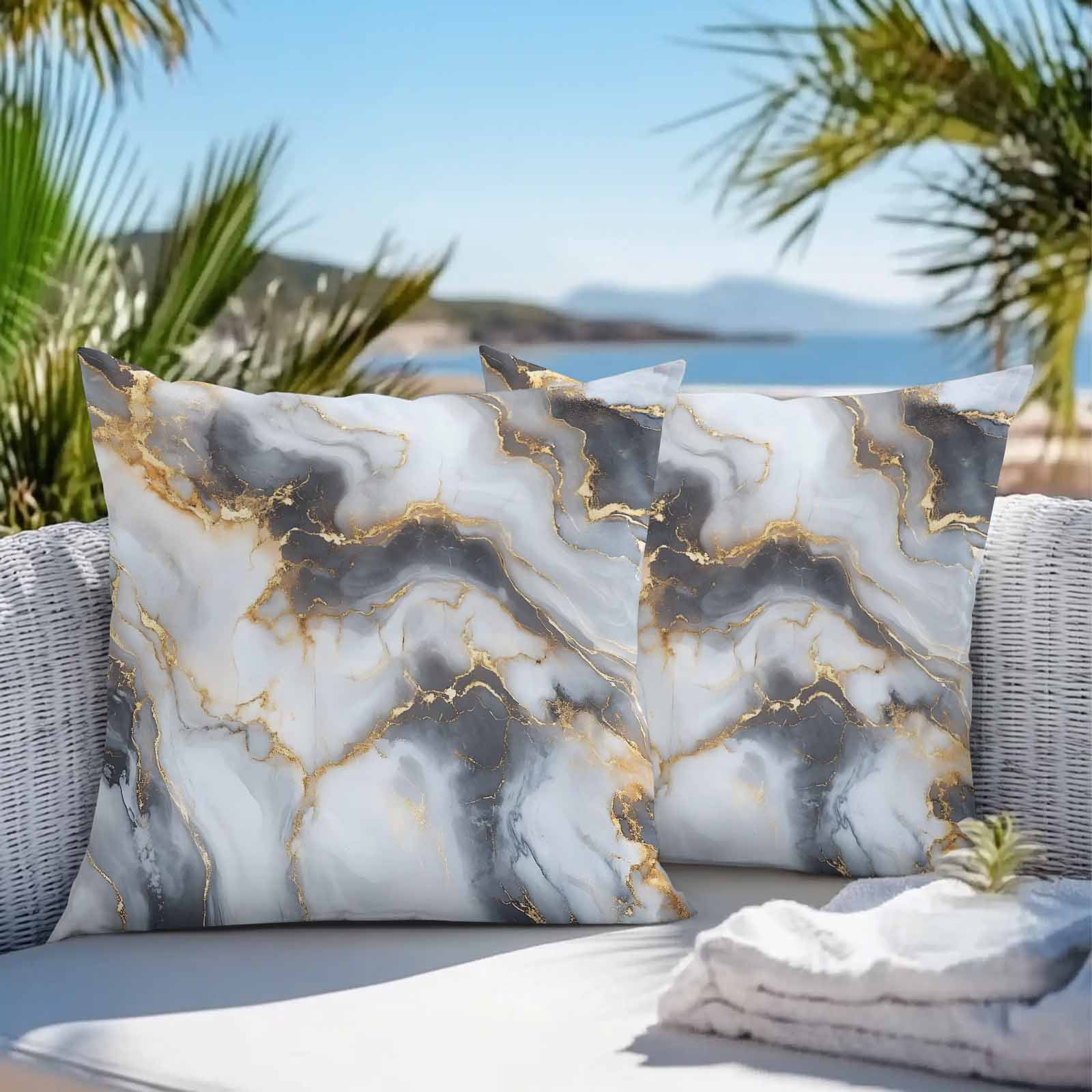 Waterproof Throw Pillow Covers Set of 2, 26x26 Inch Marble Yellow White Decorative Pillowcases Outdoor Pillow Slip Cushion Covers Set for Couch Tent Modern Abstract Art Ink Painting