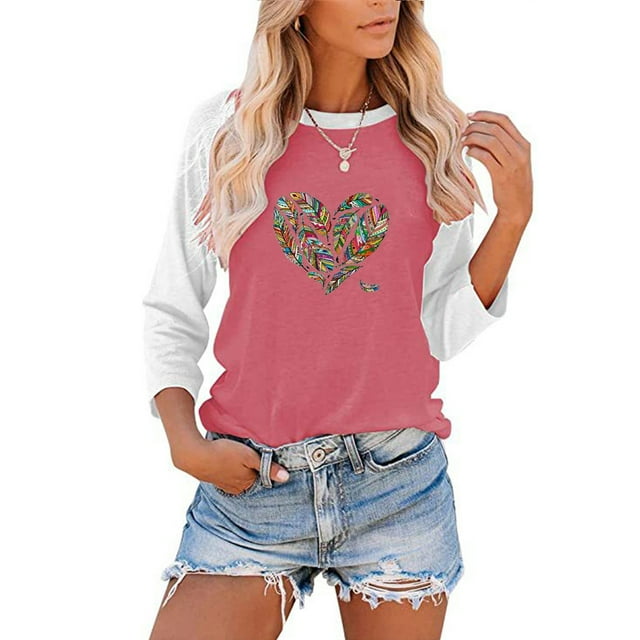 Hauts d'Été pour Femmes Mode Décontractée Ample Col Rond Couture Imprimée T-shirt à Manches Longues Habillé pour Femmes en Solde