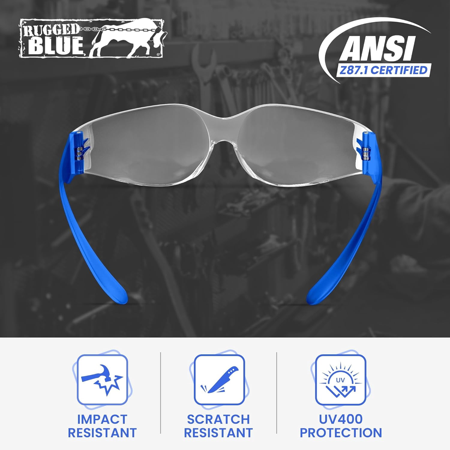 Rugged Blue Diablo Safety Glasses - Blue Frame -12 Pack | Clear Lens Protective Eyewear | Lightweight Frameless Design | Scratch-Resistant Lens for Work Construction Lab and Industrial Use