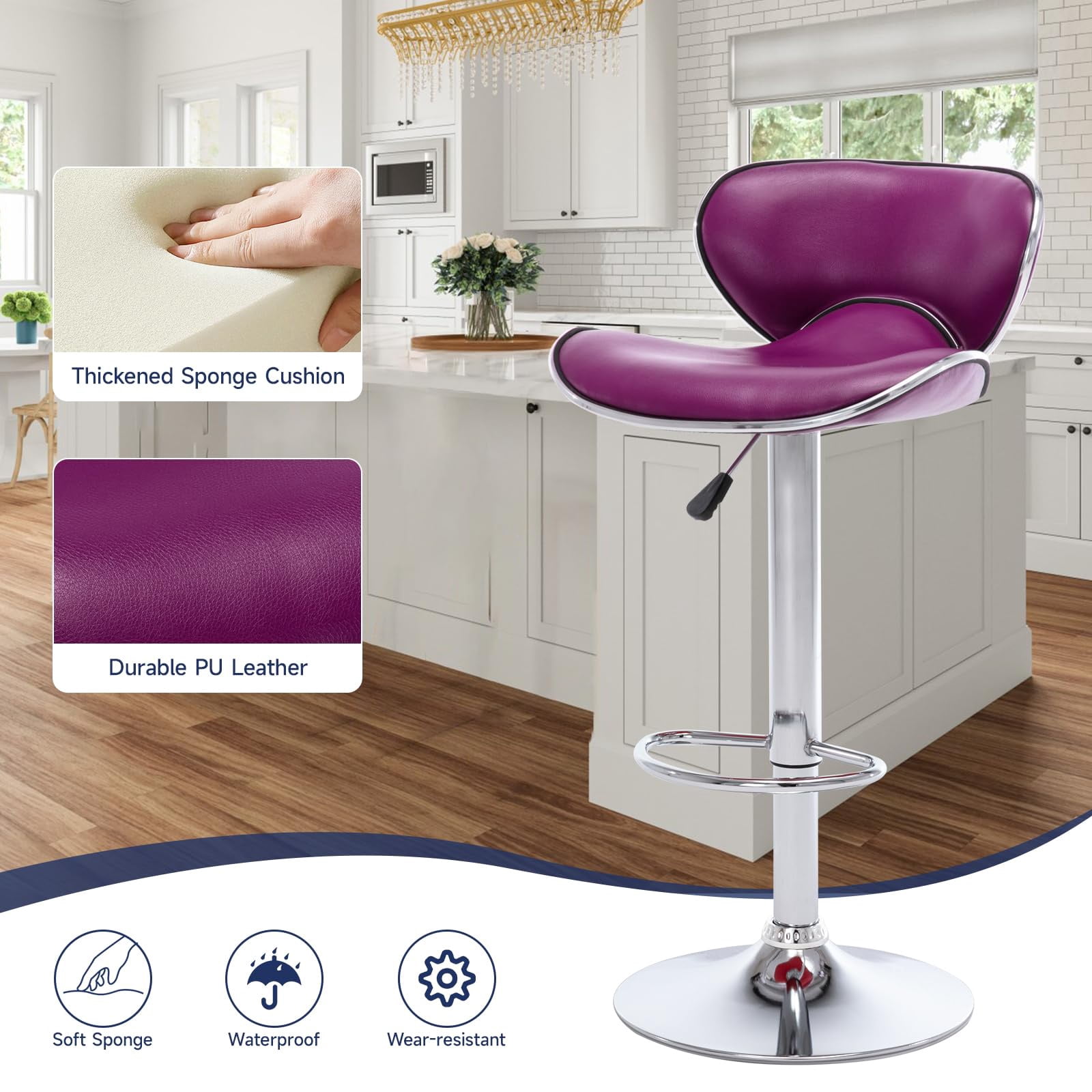 Adjustable Swivel Bar Stools Set of 2 , Modern PU Leather Upholstered Bar Chairs with Chrome Base for Kitchen Island, Dining Room, Pub, Counter (Purple)
