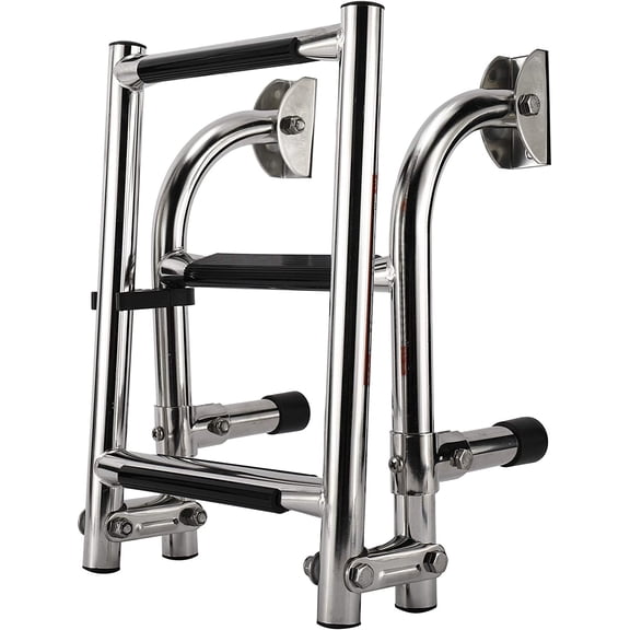 Foldable 3 Step Boat Ladder, Stainless Steel Marine Pontoon Ladder with Rubber Grip Pads, Mounting Screws Included
