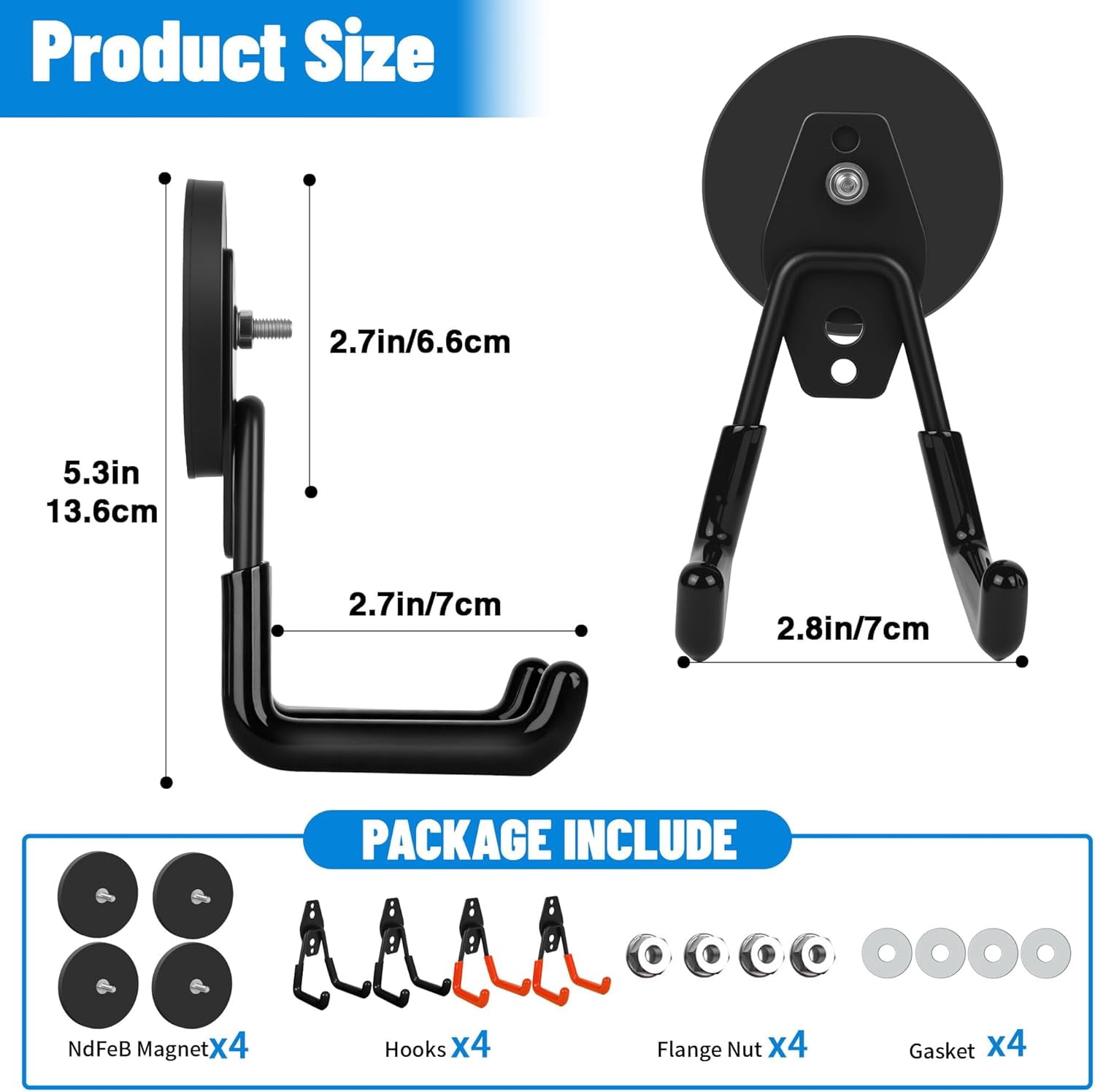 JJEAN-Heavy Duty Garage Magnetic Hooks 4 Pack - Neodymium Magnet Hooks with Anti-Slip Rubber Coating for Wall Metal, Workshop Tools, Broom Holder, No Drill Storage for Wall Metal, Workshop