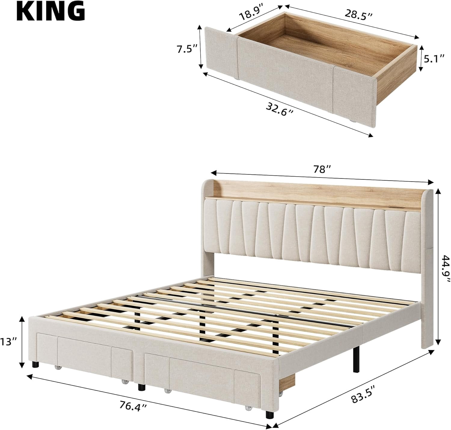 Hetoy King Size Bed Frame with Drawer, Upholstered Platform Bed Frame with Storage Headboard and Charging Station, Mattress Foundation with Solid Wooden Slats Support, No Box Spring Needed, Beige