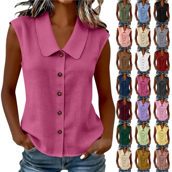 Otntypg Womens Sleeveless Tank Tops Dressy Casual Button Down Collared Cotton Linen T-Shirt Loose Fit Tunic Blouse Work Office Outfits Brown L