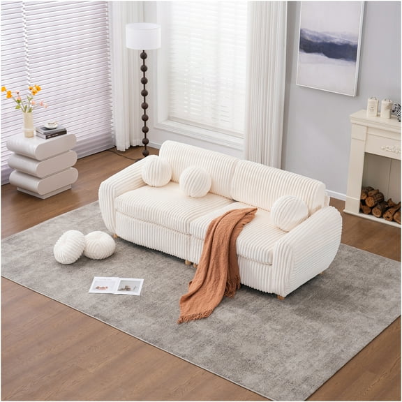 JERFIT Modern 84" White Corduroy Loveseat Sofa Couch, Upholstered Small Sectional for Living Room, Apartment, Office