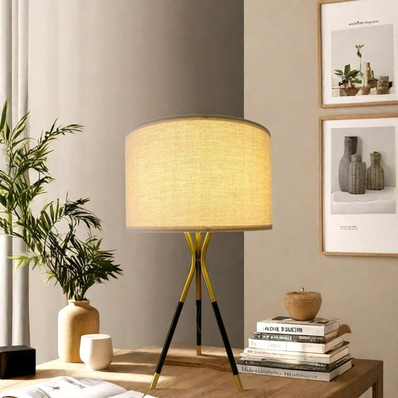 20.8" Modern Metal Tripod Table Lamp Set of 2, Nightstand Lamp with Beige Linen Lampshade, Side Table Lamp for Bedroom Living Room Coffee Table Home Office (Bulb Included)