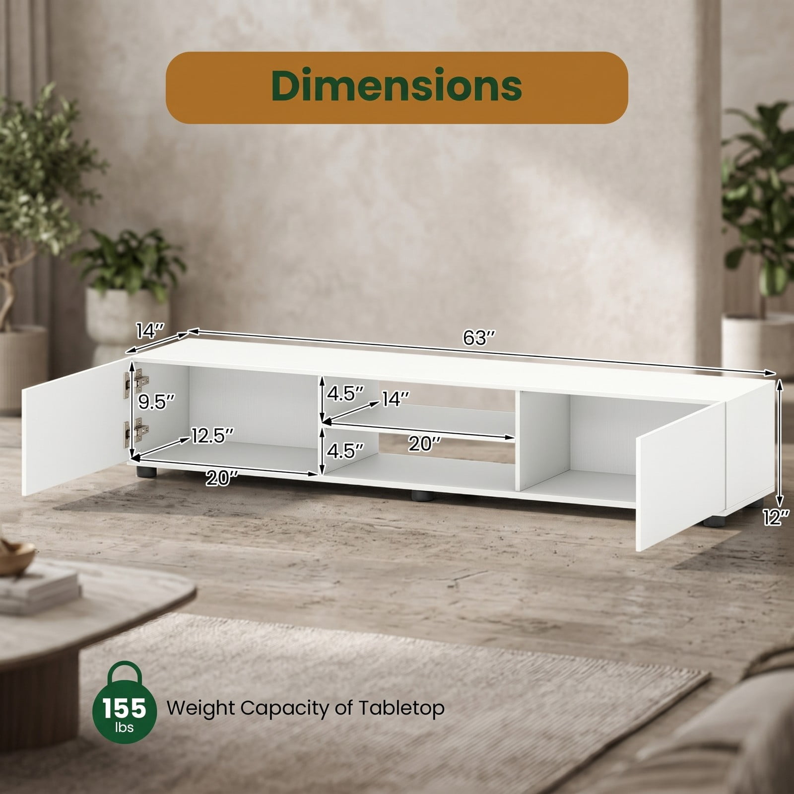 Furnibear Modern TV Stand for TVs up to 70 Inch, Minimalist Entertainment Center Media Console with 2 Doors and Open Shelves, Engineered Wood Storage Cabinet, White