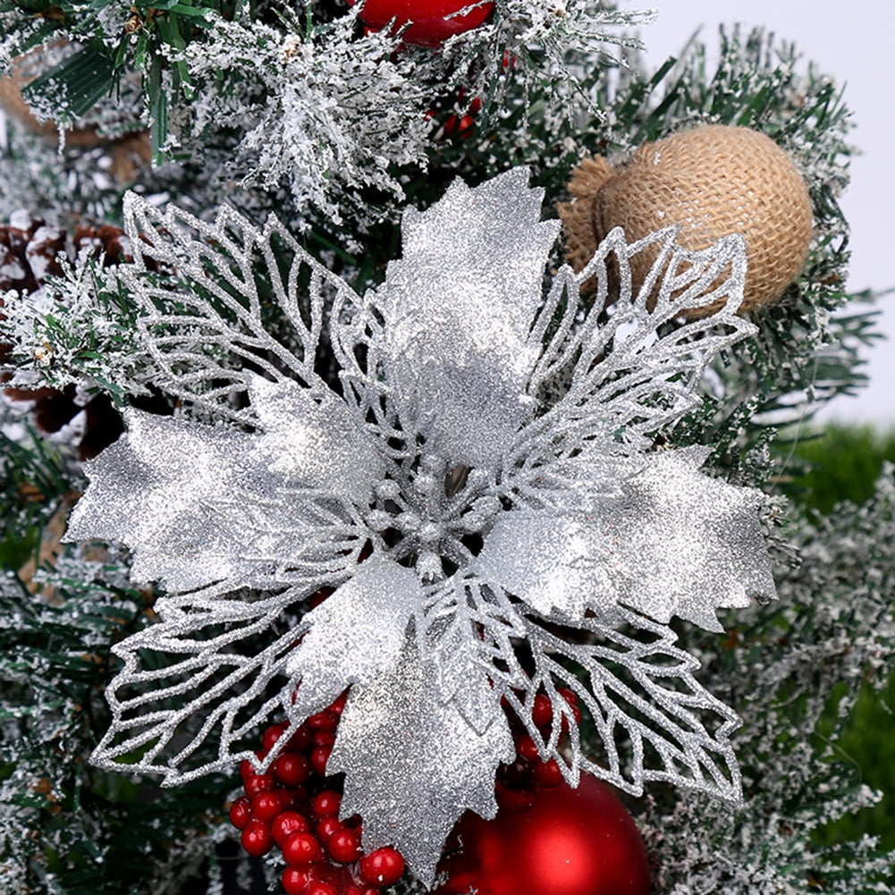10Pcs Glitter Christmas Flower Tree Hanging Ornaments Festival Xmas Decor 