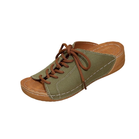 Wensltd Women Lace Up Wedge Slippers Wide Width Solid Color Summer Casual Outdoor Beach Daily Sandals Green