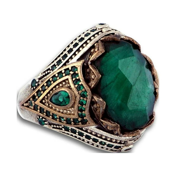 Sterling Silver Emerald Ring, Mens Green Emerald Ring, Handmade Gemstone Ring, Vintage Style Emerald Ring, Men Silver Ring, Gift for Husband