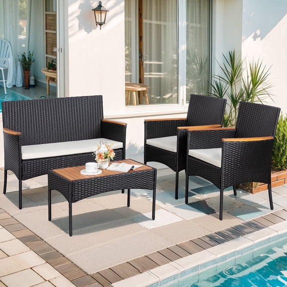 Walsunny 4 Piece Patio Furniture Conversation Set Outdoor Wicker Rattan Chairs with Cushions and Table,Black Rattan and Beige Cushion