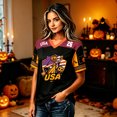 thumbnail image 5 of Domzest Women's USA Pumpkin Soccer Jersey Halloween Elements Raglan V Neck Shirts Color Block Short Sleeve Tee Soccer Viewing, Outdoor & Halloween Gatherings Red S, 5 of 5