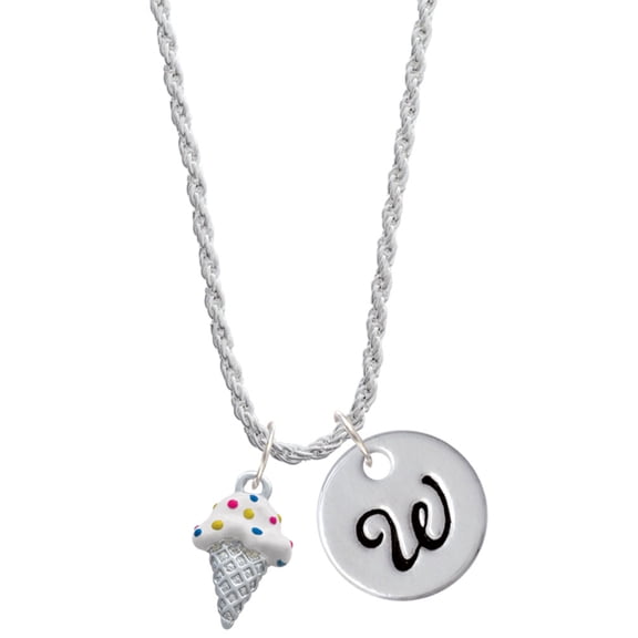 Delight Jewelry Silvertone 2-D Vanilla Ice Cream Cone with Sprinkles Silvertone Script Initial Disc - W - Charm Necklace, 20"+3"