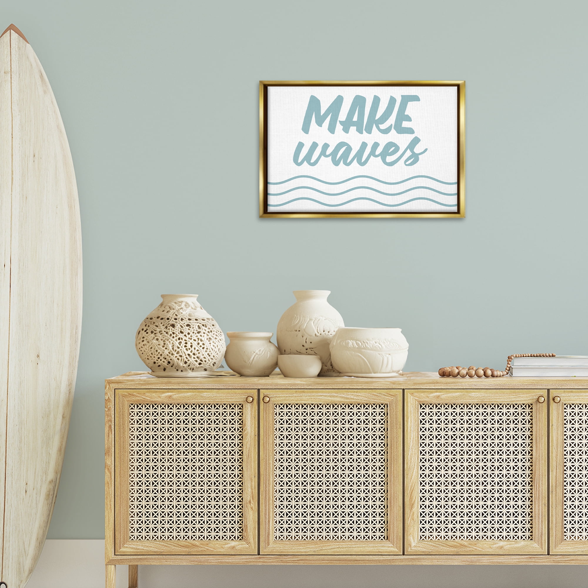 Stupell Industries Make Waves on White Typography Painting Gold Floater Framed Canvas Art Print Wall Art, 25 x 17