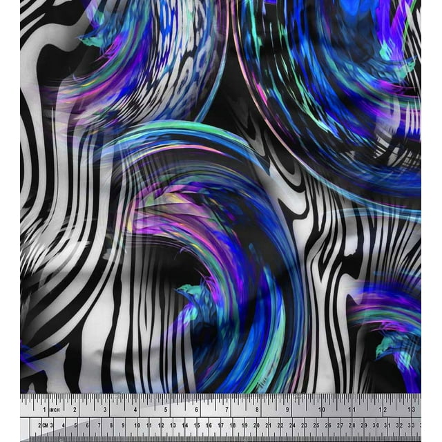 Soimoi Blue Poly Georgette Fabric Stripe & Leopard Animal Skin Print Fabric by The Yard 52 Inch Wide