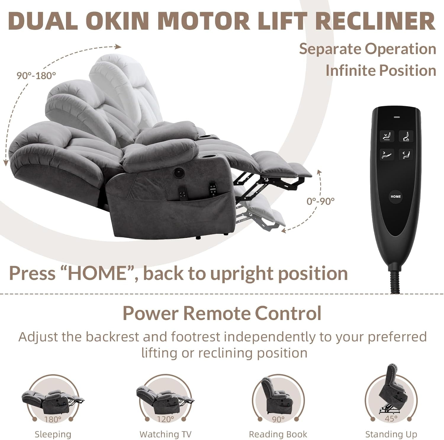 EPICOZY Oversized Dual Motor Power Lift Recliner Chair with Extended Footrest for Big tall Man, Lay Flat Sleeper Electric Recliner with Massage and Heat, Lumbar Pillow, USB & Type-C Port, Gray