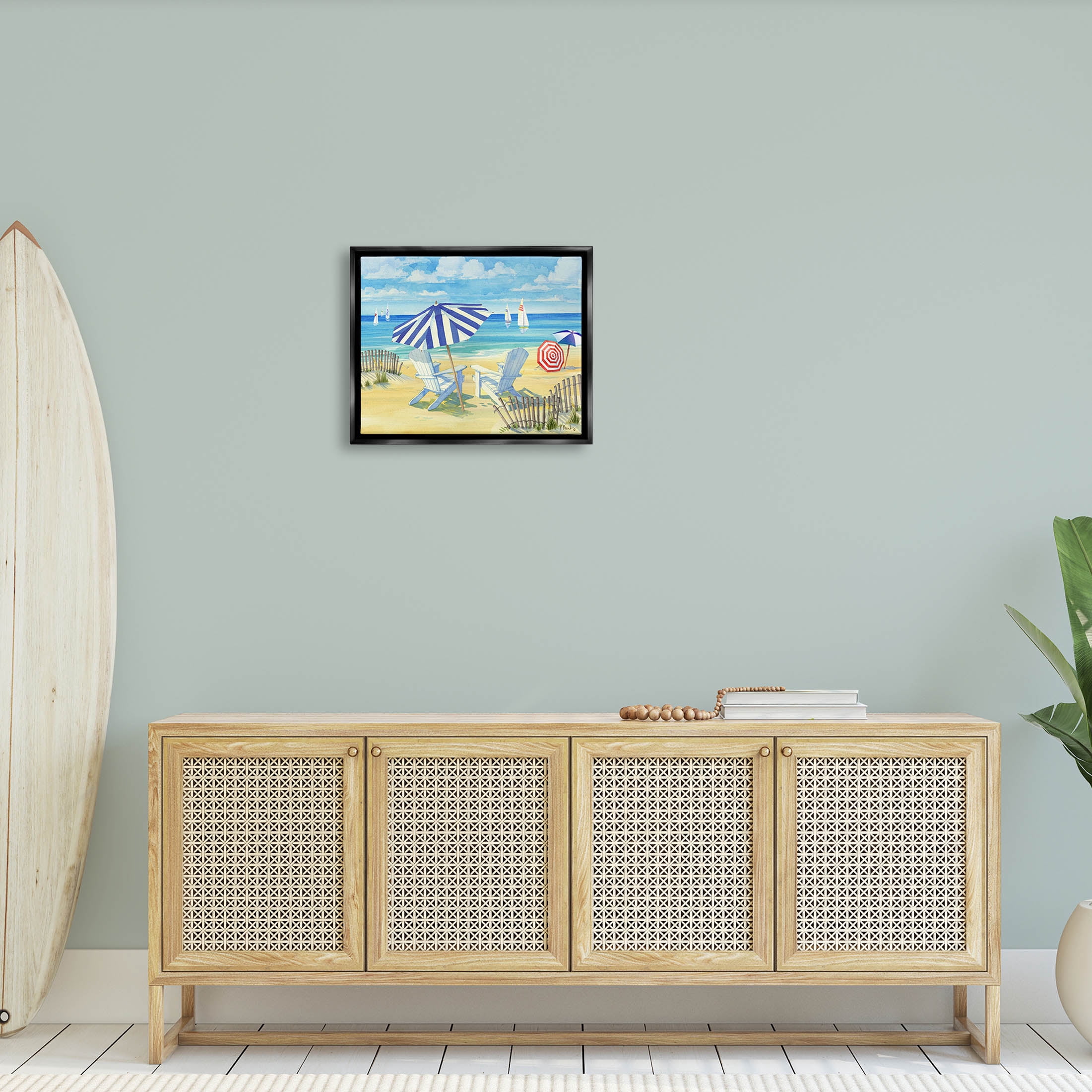 Stupell Industries Summer Sun Sailboat Chairs Painting Jet Black Floating Framed Canvas Print Wall Art, Design by Paul Brent